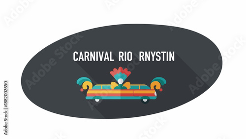 Graphic illustration of a colorful carnival car with rooster on a black oval background with white text reading 'CARNIVAL RIO RNYSTIN'.