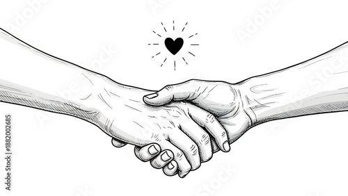 Hand Drawn Handshake with Small Heart Above, Trust, Agreement and Human Connection Concept in Black and White Line Art Style