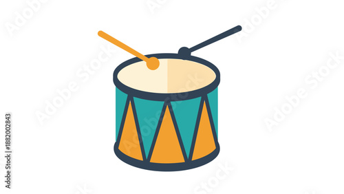A colorful cartoon drum with two drumsticks on a white background, featuring a simple graphic design with orange and teal triangles.