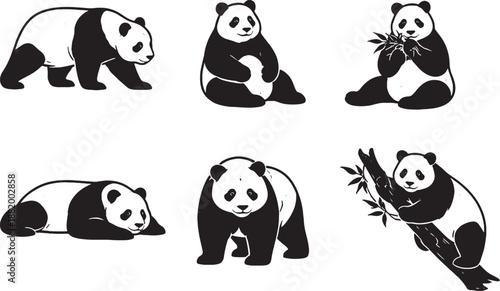 Giant panda silhouette activity pose set black and white line art