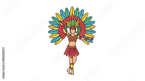 A vibrant cartoon illustration of a woman wearing a colorful feathered headdress and red costume against a plain white background with a playful and festive mood.