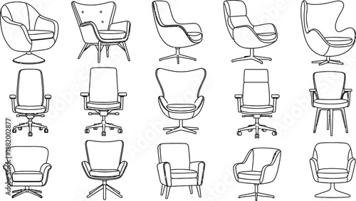 A collection of various office chairs in different styles and designs, showcasing ergonomic and modern furniture.