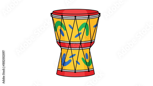Colorful illustration of a decorated drum with red, yellow, green, and blue patterns on a white background.