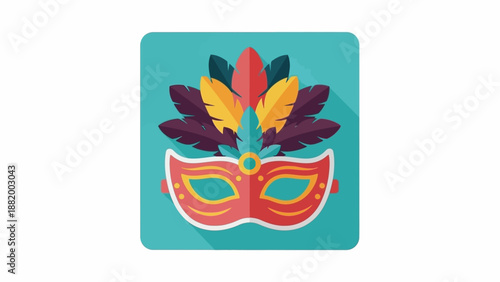 Vibrant colorful mask with feathers on a teal background in a square frame with a festive and playful mood.