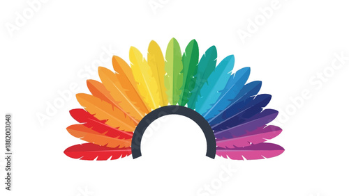 Colorful rainbow-colored feathered headdress on a black headband against a white background with vibrant multicolored feathers.