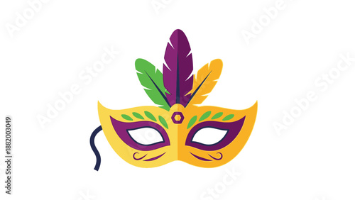 A colorful Mardi Gras mask with feathers on a white background, showcasing purple, green, and yellow decorations.