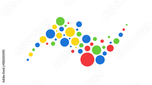 Colorful graphic illustration of various sized circles in red, blue, green, and yellow hues on a white background.