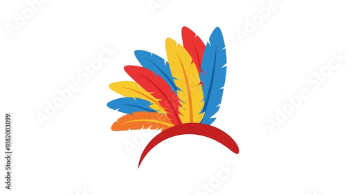 Colorful illustration of a stylized feather design with red, blue, yellow, and orange feathers on a white background.