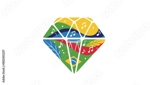 A colorful graphic illustration of a faceted gemstone with various artistic symbols on a white background with a vibrant and creative mood.
