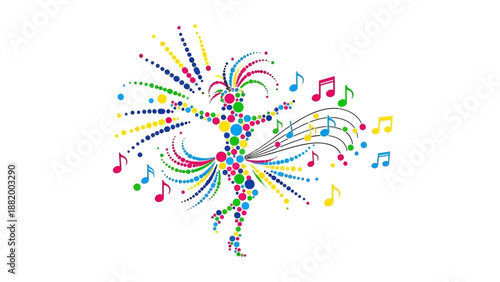 A vibrant explosion of multicolored musical notes and dots on a white background with a dynamic, celebratory mood.