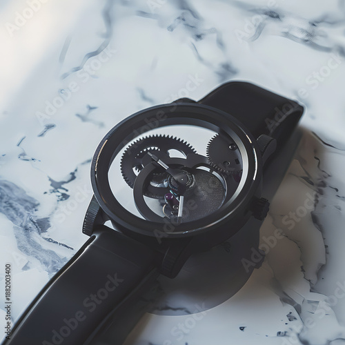 Luxury mechanical wristwatch with exposed skeleton movement on an elegant marble background, showcasing precision engineering, modern design, craftsmanship and timeless watchmaking concept