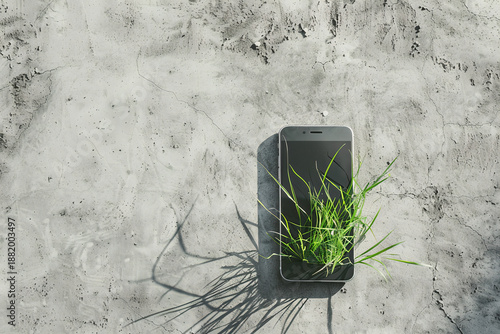 Green grass emerging from an abandoned smartphone on rough concrete background representing environmental sustainability, digital detox lifestyle, eco friendly future and renewal theme