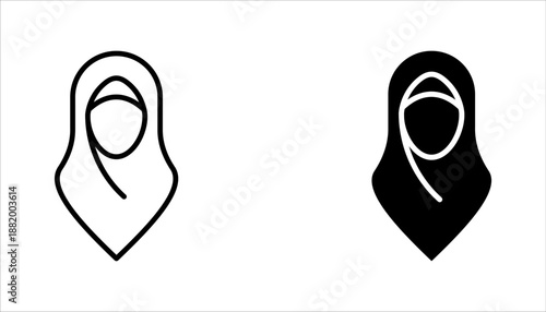 Muslim Women Icons set. Islamic Hijab and Traditional Attire. Female Cultural and Religious Symbols vector illustration on white background
