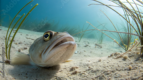 A large pufferfish lies on the sandy ocean floor surrounded by seaweed