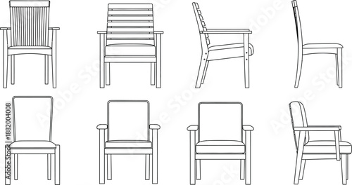 A collection of various chair designs in black and white line drawings on a plain background