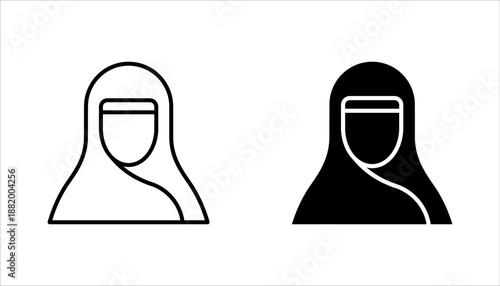 Muslim Women Icons set. Islamic Hijab and Traditional Attire. Female Cultural and Religious Symbols vector illustration on white background