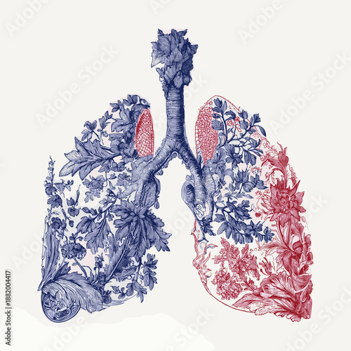 Stylized lungs displaying rich blue and red ornamental designs against a white background. Decorative human lungs drawing with intricate patterns