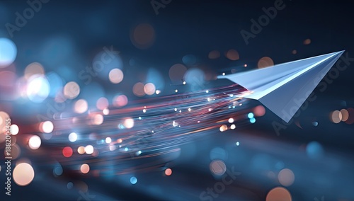 White paper airplane soars through a blurry bokeh light streak