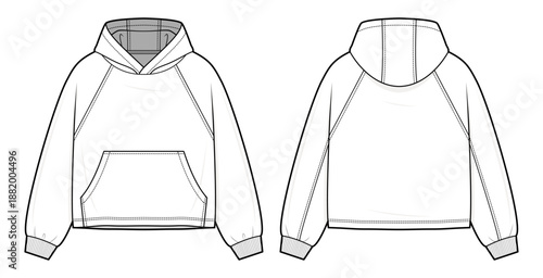 Cropped Raglan Hoodie Technical Fashion Illustration. Hooded Sweatshirt with Kangaroo Pocket, Raglan Sleeves, Rib Knit Cuffs. Front and Back Views. Unisex Streetwear. CAD Mockup Set.