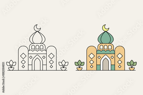 Mosque illustration in three different styles. Luxurious and beautiful mosque with a combination of orange and pastel green colors. Ramadan theme, vector illustration.