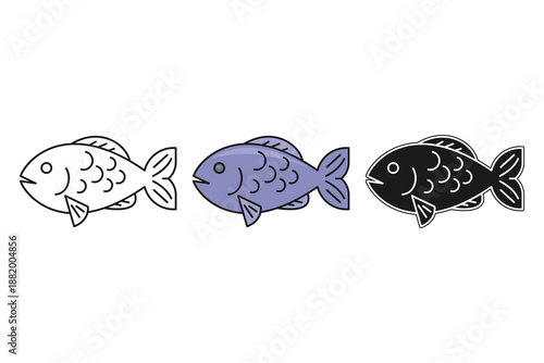Fish illustration in three different styles. Aquatic animal theme, vector illustration.