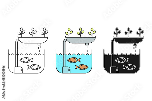 Aquaponic illustration in three different styles. Fish and vegetable cultivation using an aquaponic system, vector illustration.