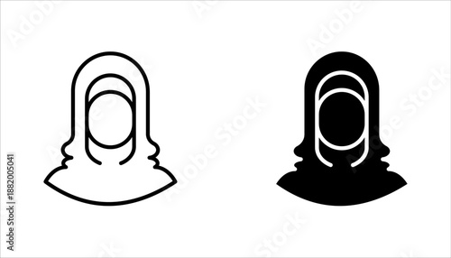Muslim Women Icons set. Islamic Hijab and Traditional Attire. Female Cultural and Religious Symbols vector illustration on white background