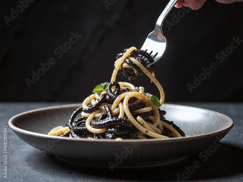 Squid ink pasta, silver fork, minimalist background, high-contrast lighting, modern cuisine style,Bold black tones create a striking, modern culinary statement.
