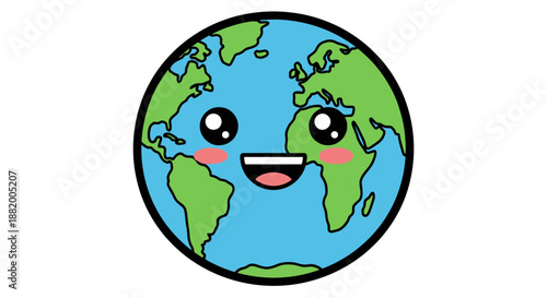 A cheerful cartoon globe with a smiling face and rosy cheeks on a white background
