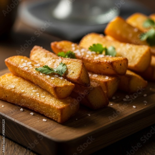 Golden Potato Wedges with Sea Salt and Herbs, Crispy Fries on Wooden Board