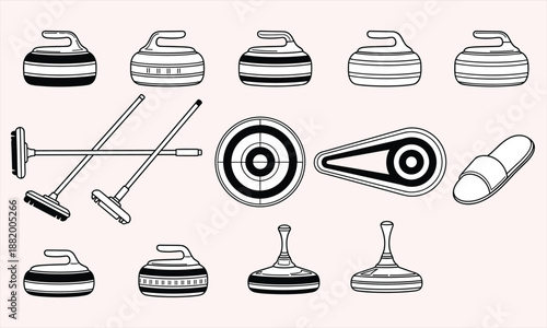 Curling sport equipment icons, curling stones broom target set, winter olympic game illustration, black vector, isolated background collection