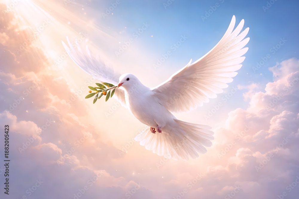 Fototapeta premium Minimalist Christian wallpaper featuring a graceful dove in flight against a soft gradient background, symbolizing peace, purity, and the Holy Spirit