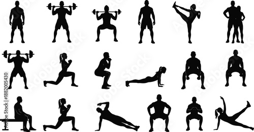 Fitness workout silhouettes, gym exercise poses, strength training routine, bodybuilding movements, athletic training, healthy lifestyle, sport activity, bodyweight exercises, vector illustration