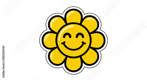 A cheerful yellow flower with a smiley face on a white background