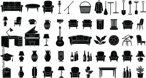 Home furniture silhouettes, household object icons, chair table lamp decor set, black vector illustration, interior design collection, isolated background