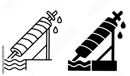 Antique icon, Archimedes screw illustration in outline and silhouette style
