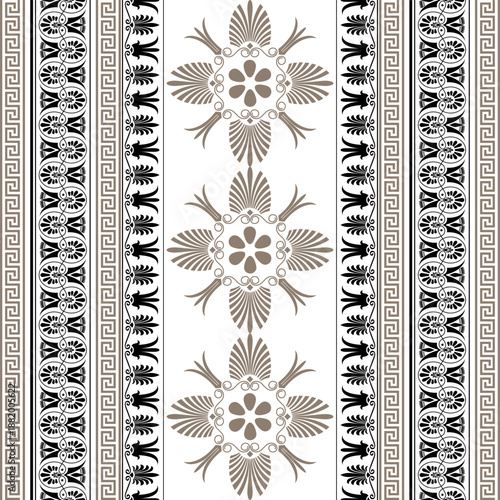Seamless vector pattern with greek ornaments. Сlassical Greek borders: meander, palmette, and ornate golden black floral patterns. Historic feel. Vector illustration.