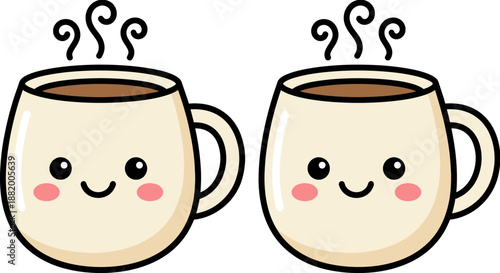 A vector graphic illustration of two cute cartoon coffee mugs with smiling faces