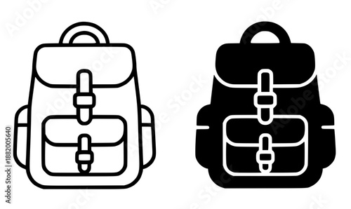 School icon, backpack illustration in outline and silhouette style