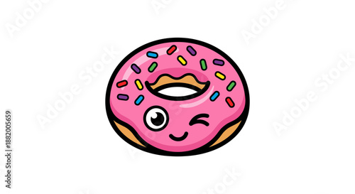 A cute cartoon donut with a smiling face and colorful sprinkles on a white background