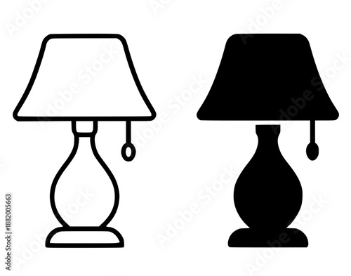 Interior icon, table lamp illustration in outline and silhouette style