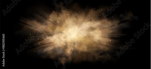 Sand explosion with flying dust particles and radial light rays on black background. Brown desert cloud bursting outward with realistic smoke effect. Sandstorm overlay with dynamic powder splash
