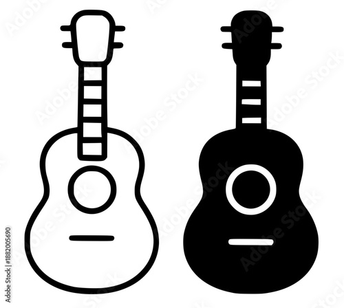 Music icon, guitar illustration in outline and silhouette style