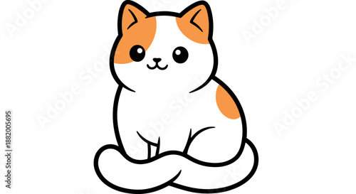 A cute cartoon cat with orange and white fur sits on a plain background