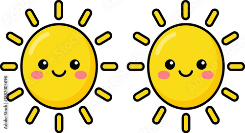 A vector graphic illustration of two smiling cartoon suns with rosy cheeks on a white background