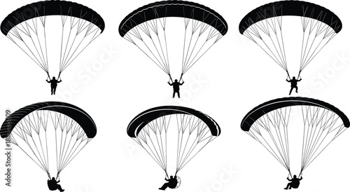 Paragliding silhouettes, skydiving canopy icons, extreme air sport illustration, black vector set, adventure activity, isolated white background collection