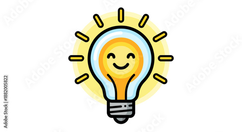 A smiling lightbulb icon with a yellow glow and black outline, representing creativity and inspiration