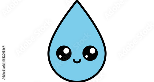 A cute cartoon water drop with a smiling face is depicted in a simple vector graphic design