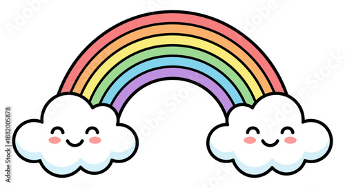 A colorful cartoon rainbow with smiling clouds on a white background