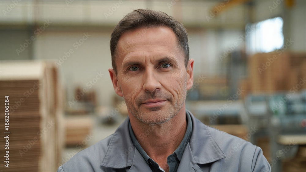 Obraz premium A confident man wearing a gray work uniform stands in a manufacturing facility surrounded by wooden materials. Industrial workplace atmosphere.